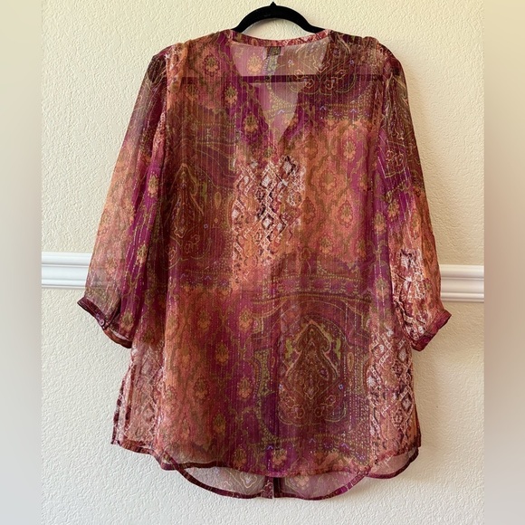 Chico’s Silk Sheer Beaded Delicate Boho Button Front Cardigan Paisley Size Large - Picture 2 of 13